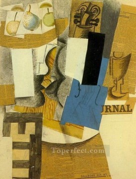 Compotier con violín de frutas y copa 1912 Pablo Picasso Pinturas al óleo